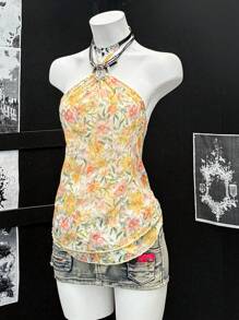 EgrlEra Women Floral Print Halter Backless Sleeveless Top For Summer