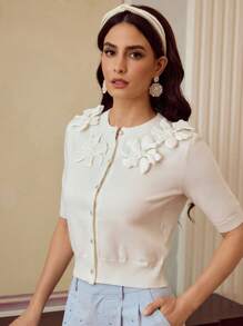 ZEYLAH Elegant 3D Floral Decor Crew Neck Cardigan Top - White - View 6