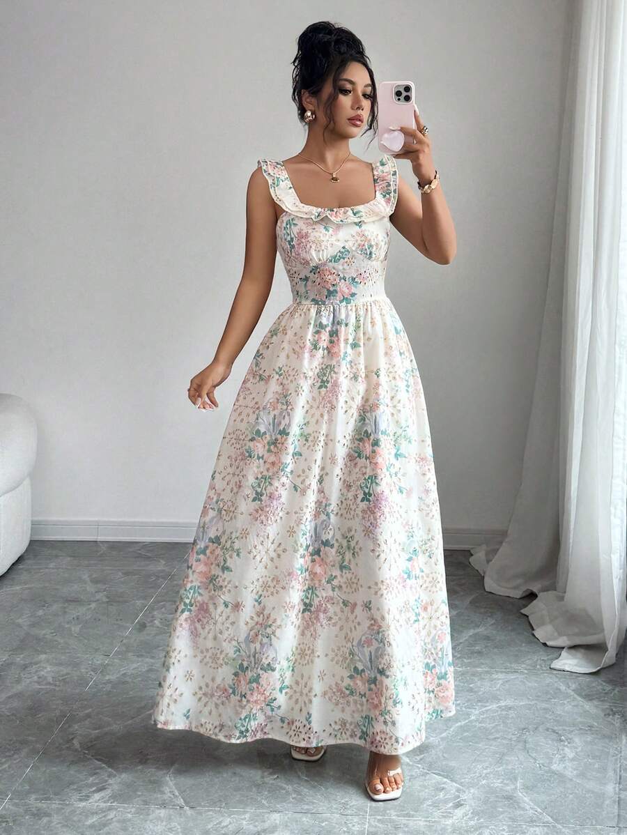 Elenzga Elegant Charming Floral Print Strap Waist Cinched Luxury Maxi Dress - Multicolor - View 1