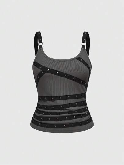 Grunge Punk Camiseta de tirantes finos con espalda descubierta, con tachuelas y strass, con lazos, para mujer, para fiestas, playa, graduación, Semana Santa, festivales de música, conciertos, vacaciones en Nashville