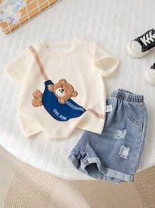 SHEIN 2 Pcs/Set Toddler Boys/Girls Comfy Casual Cute Bear Pattern Short Sleeve T-Shirt And Denim Shorts Set, Suitable For Spring/Summer Indoor & Outdoor, Daily Wear, Sports, Play, Party, Photo Shoot, Vacation, Holidays Baby Boy Clothes Summer 2 Piece Set Baby Casual Sets Baby Boy Casual Short Sleeve - Blue - View 4