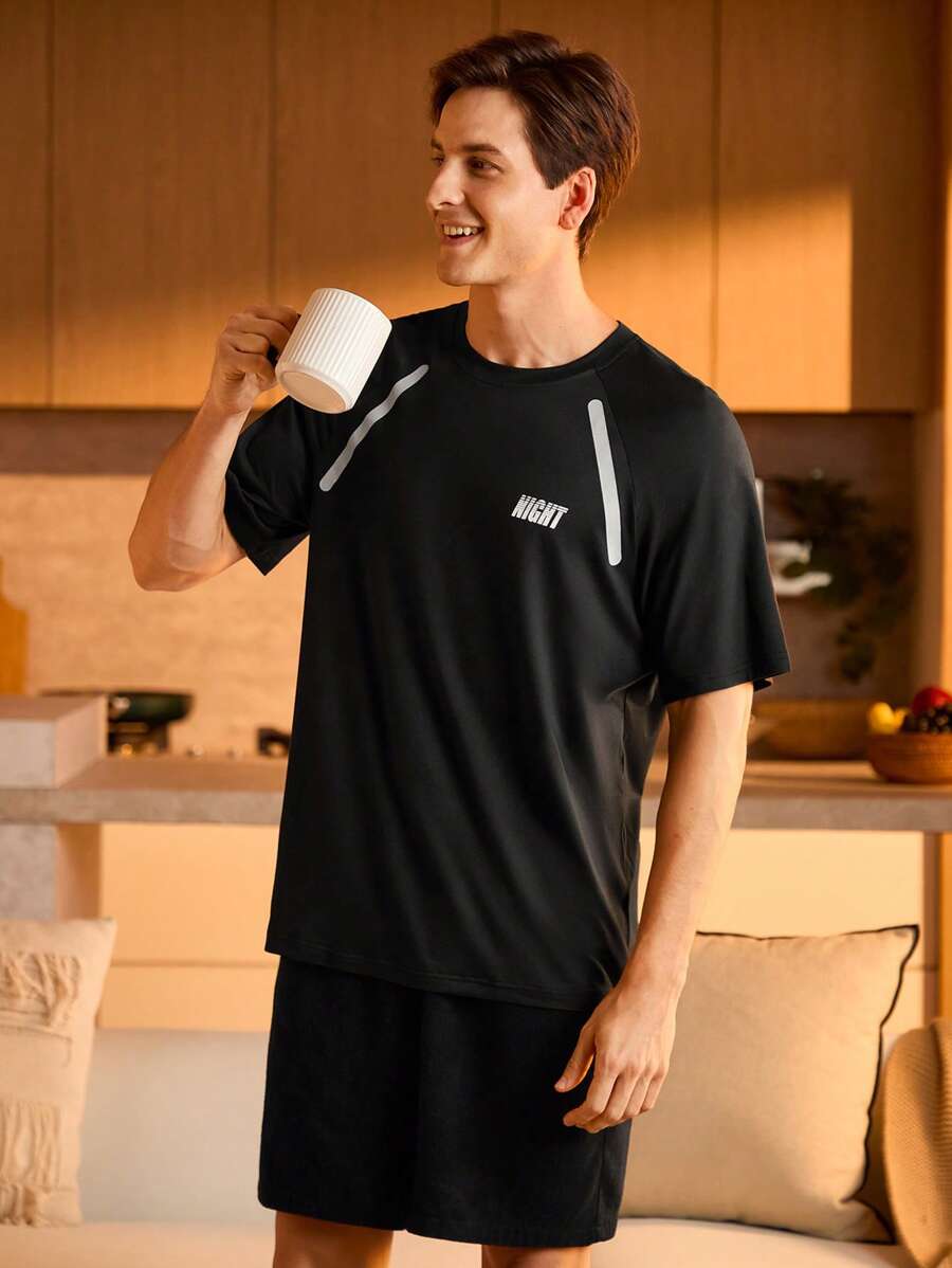 Manfinity Underwear&Sleepwear Basics Herren Kurz Arm Lässig Lounge T-Shirt mit Buchstaben Muster