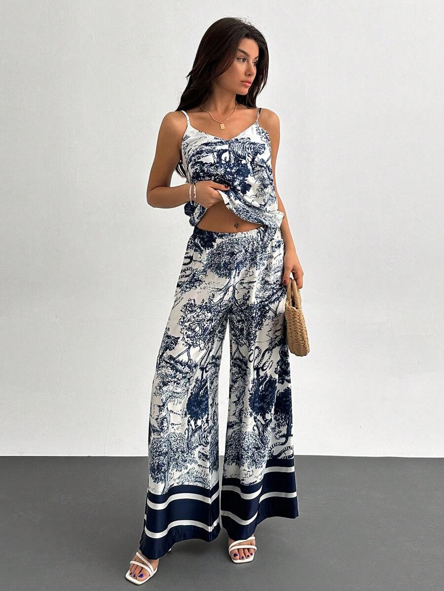 EURMUSE Set de 2 piese pentru femei, maiou cu imprimeu albastru și alb și pantaloni largi