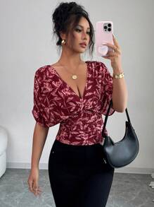 Selianne Women's Summer Floral Print Batwing Short Sleeve Pleated Fashionable Blouse - Burgundy - View 6