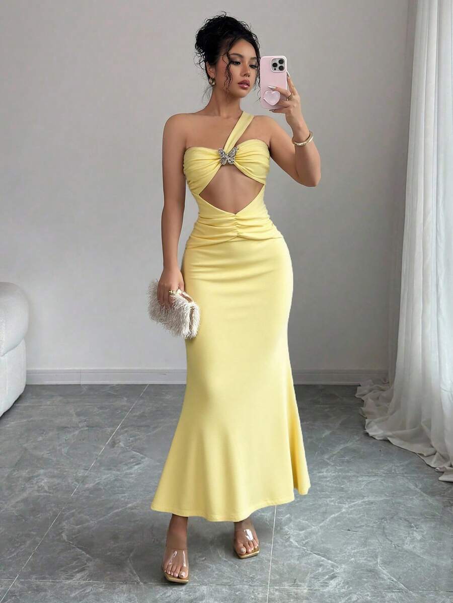 Rafferiza Women Elegant Sexy Solid Color Hollow Butterfly Decor Fishtail Dress - Yellow - View 1