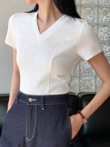 DAZY 女士夏季百搭时尚休闲V领短袖T恤 - 白色 - 查看 1