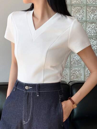 DAZY 女士夏季百搭时尚休闲V领短袖T恤