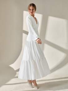 CLARA VERO Vestido elegante y casual con bordado de ojales, vestido blanco largo, vestido de falda