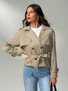 SHEIN Tall Beige Button-Down Drawstring Trench Coat Women's In Fall/Winter