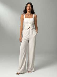 SHEIN Tall Set de 2 piezas de mujer elegante para una cita: Top de tirantes con cuello cuadrado y botones y pantalones anchos de pierna ancha
