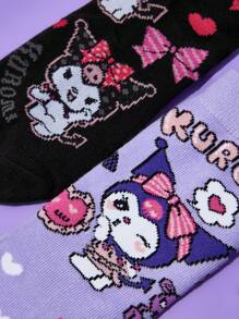 HELLO KITTY AND FRIENDS | SHEIN 2 pares de calcetines de caña media para niños suaves y transpirables de algodón, que absorben la humedad, con estampado de dibujos animados morados y negros, con refuerzo en los dedos y el talón para mayor durabilidad, unisex para niños y niñas, para todas las estaciones y todos los usos, incluyendo la escuela y al aire libre. - Multicolor - Ver 2