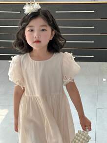 DAZY Vestido mini de verano de estilo coreano dulce y lindo con mangas abullonadas para niñas jóvenes - Albaricoque - Ver 1
