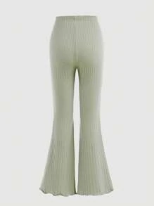 青少年女孩夏季纯色橄榄绿色休闲不对称下摆抽绳细节抹胸和喇叭裤 - 綠色 - 查看 10