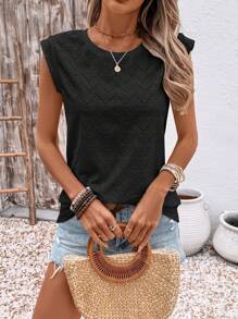 SHEIN LUNE T-shirt décontracté à manches courtes, col rond, avec broderie ajourée pour femme, idéal pour les vacances