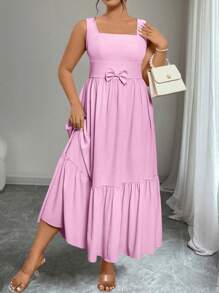 Elenzga Vestido de vacaciones con dobladillo de volantes para talla grande, versátil - Rosa - Ver 4