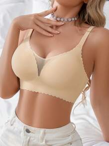 Snug Zone 1pc Seamless Mesh Splicing Solid Color Wavy Edge Adjustable Wireless Removable Padded Bra For Women - Apricot - View 3