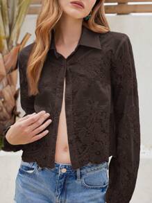 Aveloria 女士短款天丝衬衫，花卉刺绣荷叶边下摆，翻领，长袖 - 鏽棕色 - 查看 4