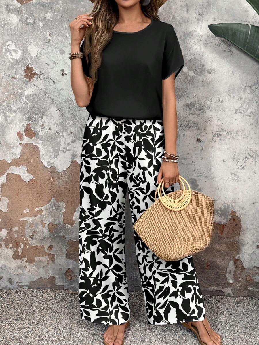 EMERY ROSE 2pcs Women Floral Pattern Fitted Outfit Suitable For Spring/Summer Vacation Suitable For Going Out - Multicolor - View 1