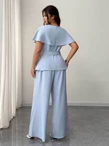 Elenzga Ensemble 2 pièces pour femmes grandes tailles, chemise élégante et décontractée de bureau simple avec col en V, manches à volants et taille cintrée, et pantalon à jambes larges avec taille élastique - Bleu azur - Voir 2