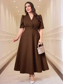 Modelyn Women Plus Size Casual Solid Color Waisted Short Sleeve Dress - Coffee Brown - View 9