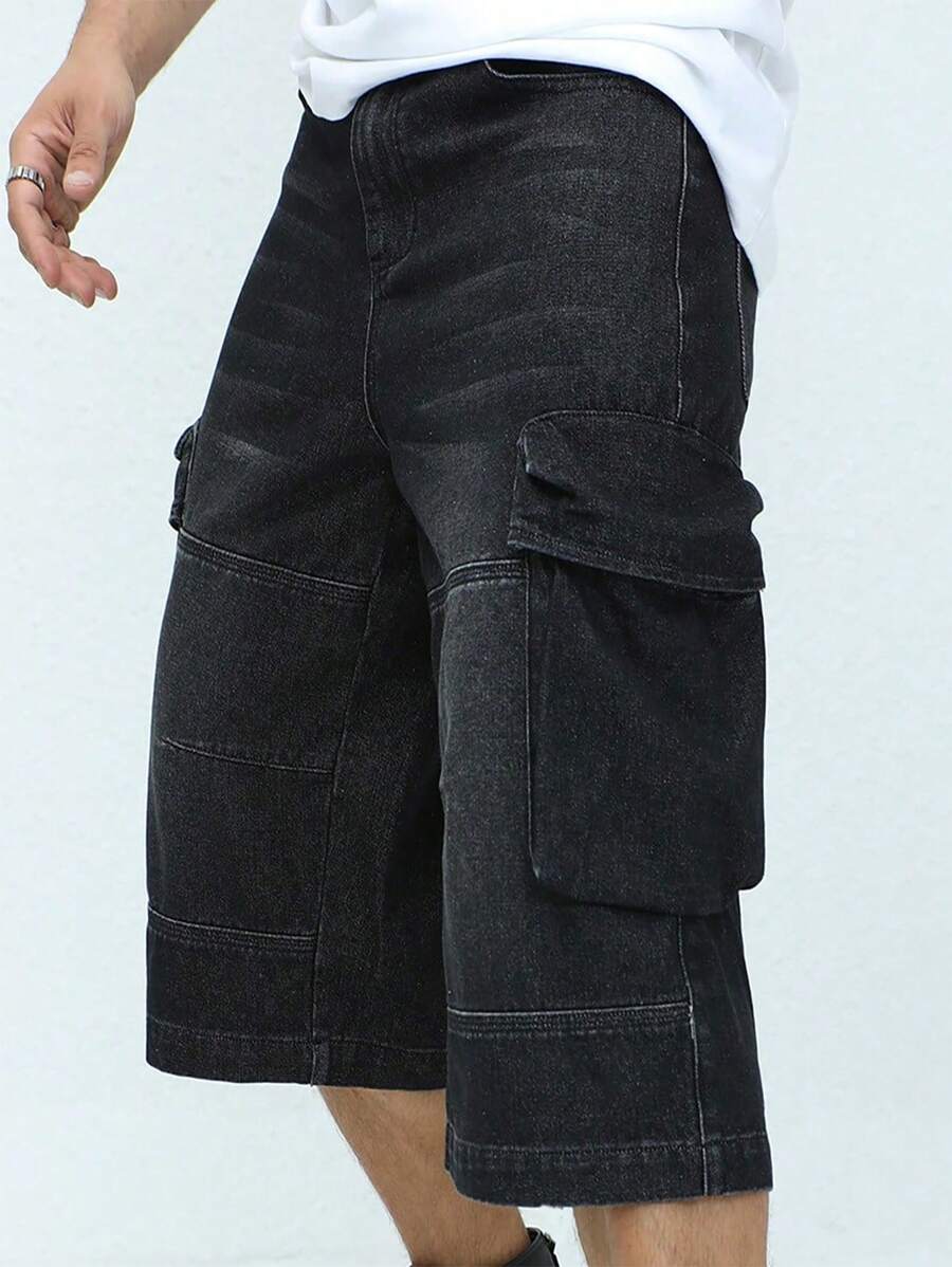 Manfinity Hypemode Quần short denim rộng rãi thường ngày có túi cho nam, mặc hàng ngày - màu đen - Xem 1