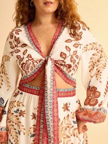 CAJUNI Plus Size Mulheres Boho Férias Floral & Planta Retro Estampa V Alça Amarrada Férias Casual Manga Longa Top Curto - Multicolorido - Ver 4