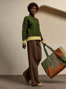 Bóhologie Casual French Turtle Neck Brushed Yarn Color Block Stripe Oversize Fit Cozy Sweater For Autumn Daily Chic Brunch Dark Green - Army Green - View 1