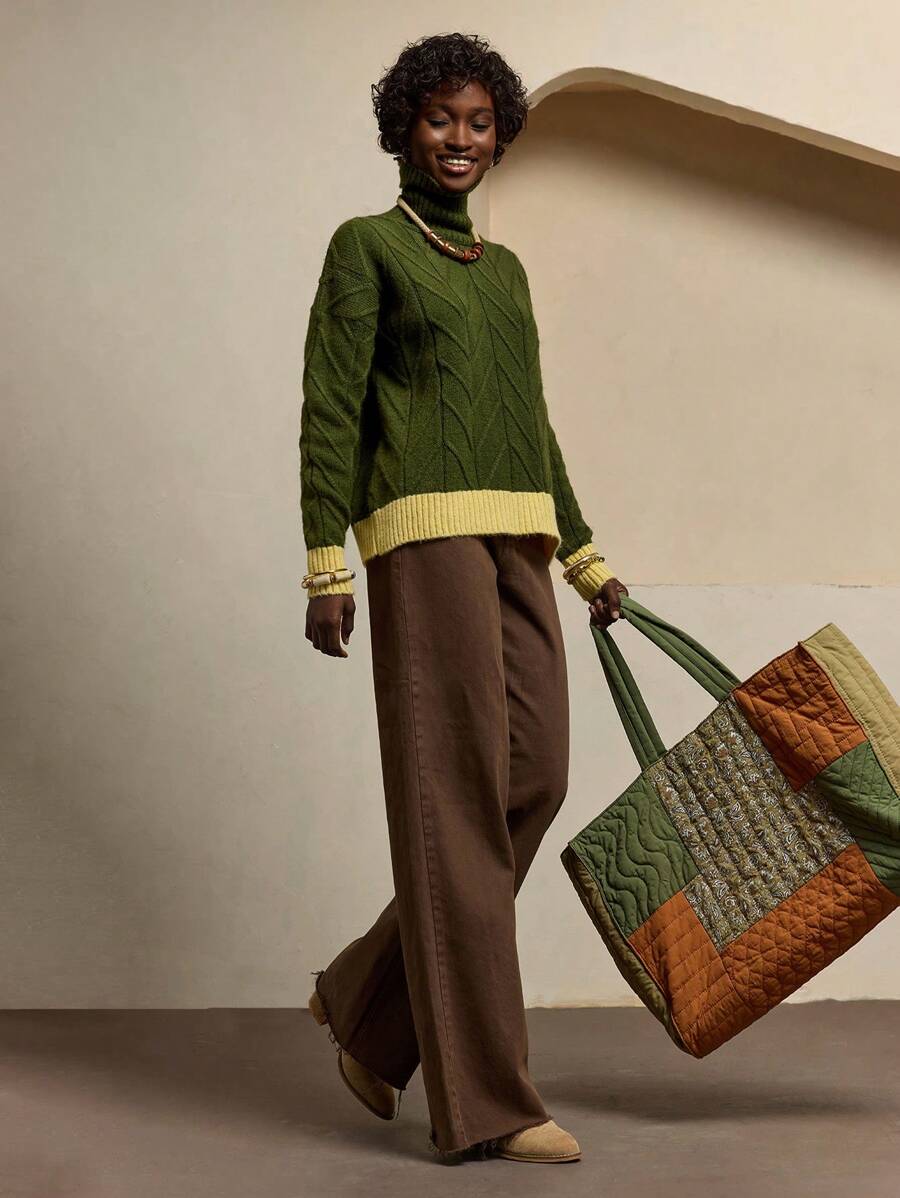 Bóhologie Casual French Turtle Neck Brushed Yarn Color Block Stripe Oversize Fit Cozy Sweater For Autumn Daily Chic Brunch Dark Green - Army Green - View 1