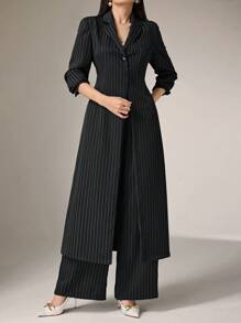 Heiryn 2 件套女士休闲条纹长外套和裤子套装，适合秋季 2 件套 - 黑色 - 查看 6