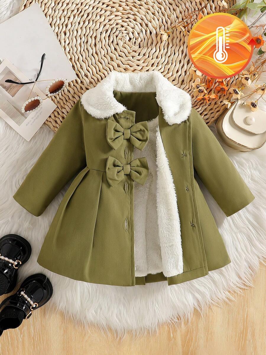 SHEIN Explorewe 女嬰毛絨領結飾風衣,秋冬軍綠色可愛日系風 - 橄欖綠 - 查看 1