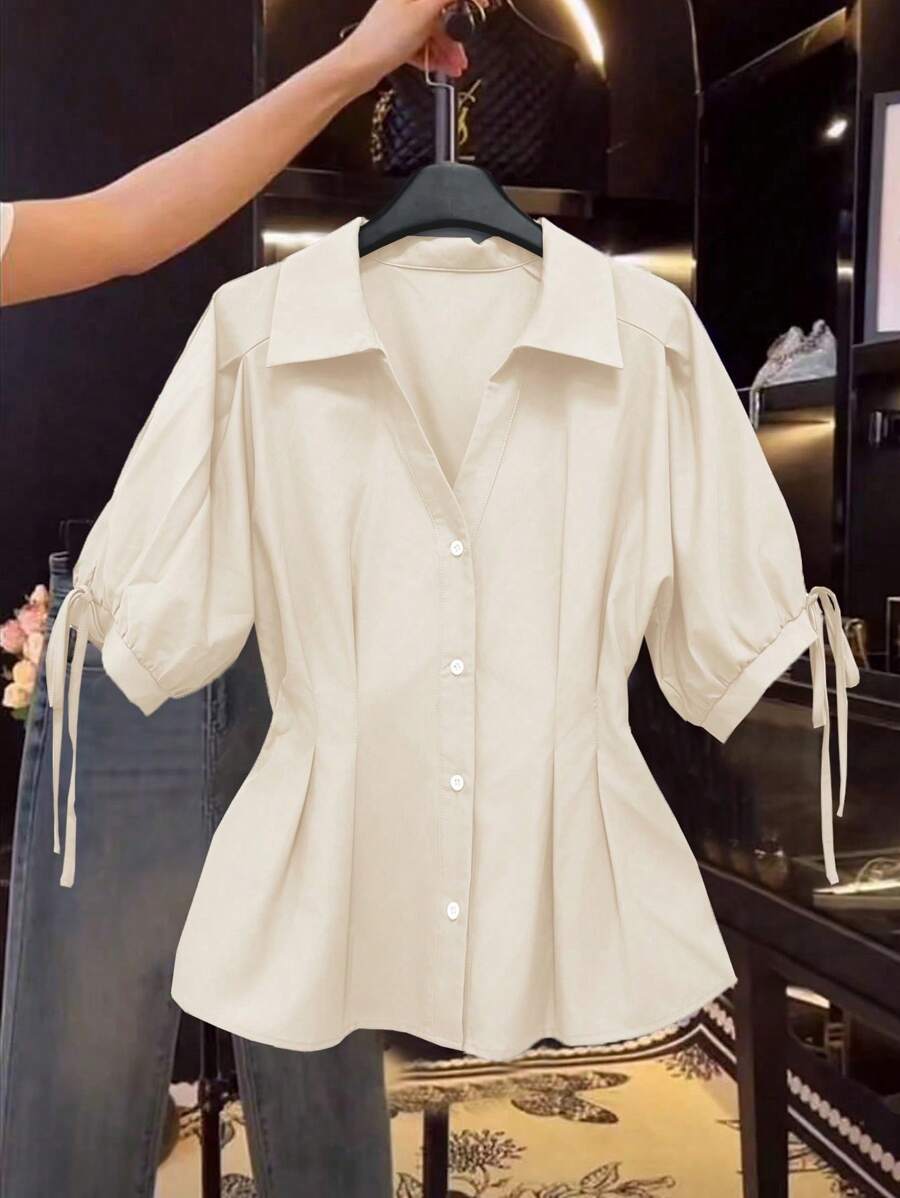 Franclia 优雅短袖衬衫，收腰，遮肚，泡泡袖女式衬衫上衣 - 杏色 - 查看 1