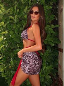 Swim Mod 3pcs Women's Sexy Elegant Leopard Print Beach Vacation Outfit Including Coverup, Swimsuit Top, And Skirt For Summer - Multicolor - View 4