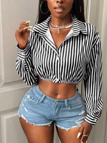 BamGleam Women's Long Sleeve Single-Breasted Striped Cropped Sexy Shirt Fall Cloth For Women - Black and White - View 6