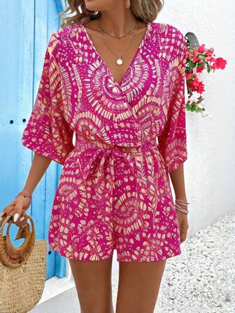 Vivid Eden Women's V-Neck Wrap Around Cinched Waist Floral Print Jumpsuit, Suitable For Vacation, Women Summer Clothing,Vacation Style,For Beach Vacation