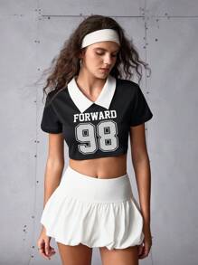 Streetz SHEIN Sport 夏季休闲户外跑步健身短款运动 Polo 衫 - 黑色 - 查看 4
