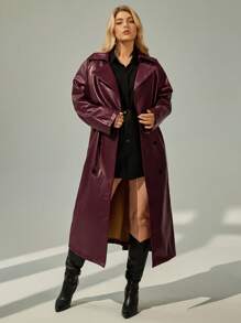 SHEIN Essnce 大码女式长款皮衣，时尚新款大衣，防风皮衣，新年假期派对