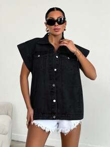 RueChic 100%Cotton Elastic Band Detailed, Rigid Vest - Dark Grey - View 4