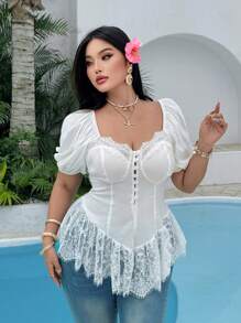 Flirla Plus Size Ruffled Lace Trim Sexy Elegant Blouse - White - View 2