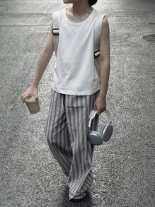 DAZY Tween Boy Solid Color Top + Striped Woven Pants 2 Pieces Outfit, Summer - White - View 4