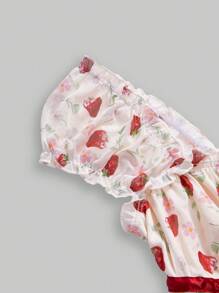 ROMWE Kawaii 女式可爱草莓印花泡泡袖方领洋装搭配蝴蝶结T恤 - 白色 - 查看 4