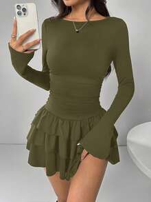 SHEIN EZwear 女式优雅橄榄绿荷叶边下摆黑色长袖连衣裙 - 軍綠色 - 查看 3