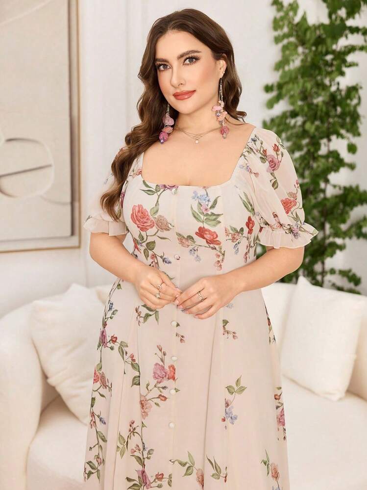 Modelyn Women's Square Neck Bubble Princess Short Sleeve Split Waist Flare Hemline Floral Print Chiffon Romantic Vacation Elegant Plus Size Dress For Evening Party/Wedding Guest/Anniversary - Multicolor - View 3