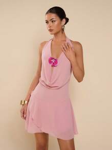 COSMINA Women's 3D Floral Decor Draped Neck Sexy Halter Mini Dress, Summer - Pink - View 1