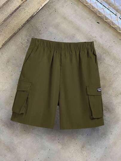 SHEIN 青少年男童休闲百搭舒适街头 3D 口袋纯色梭织短裤，适合通勤、上学、日常休闲、度假、运动、春夏季