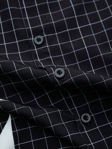 SHEIN 男童格子字母印花短袖 Polo 领宽松长袖衬衫，适合通勤、上学、休闲、运动、秋冬返校季穿着 - 黑色 - 查看 6