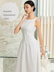 Heiryn Women's Solid Color Hollow Embroidered Sleeveless Dress, Summer - White - View 2