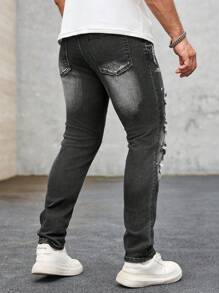 Manfinity LEGND 男士简约印花时尚牛仔裤 - 灰色 - 查看 2