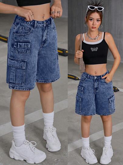 SHEIN Teen Girls Y2K Fashionable Low Waist Flap Pocket Baggy Denim Cargo Jeans Shorts,Teen Girl Back To School Clothes Outfits
