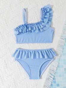 Ensemble de bikini 2 pièces pour jeune fille, ensemble de bikini triangle à volants asymétrique à bretelles réglables rayé bleu et blanc, maillot de bain