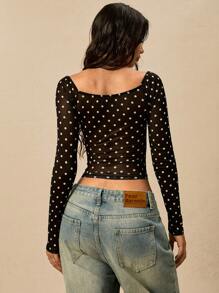 Easelle Women's Spring And Summer Sexy Hot Girl Fashion Casual Retro Modern Black And White Polka Dot Pattern Mesh See-Through Chest Twisted Sweetheart Neck T-Shirt - Black - View 3